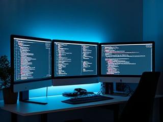 Desk with multiple screens showing lines of code for educational software.