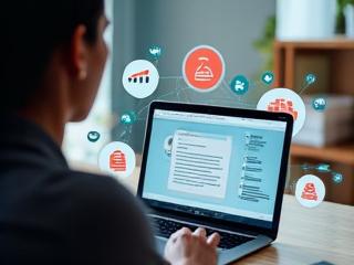 Person creating an online course on a laptop, with various e-learning elements around.