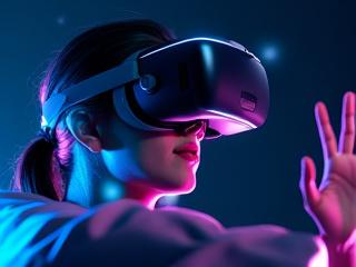 Person wearing a VR headset, interacting with a futuristic educational interface.